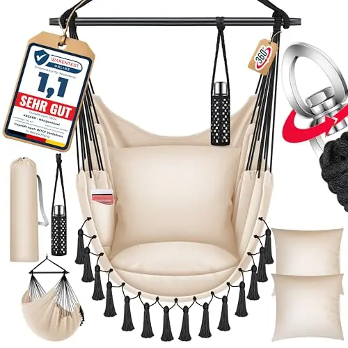 KESSER® Hängesessel Safari XXL für Erwachsene & Kinder - Hängestuhl bis 150 kg mit Tragetasche, Kissen, Getränkehalter & Bücherfach, Beige