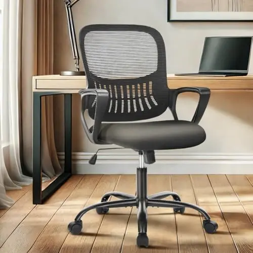 DUMOS Ergonomischer Bürostuhl mit Lendenwirbelstütze und Armlehne, Höhenverstellbar für Büro und Schlafzimmer (Schwarz)