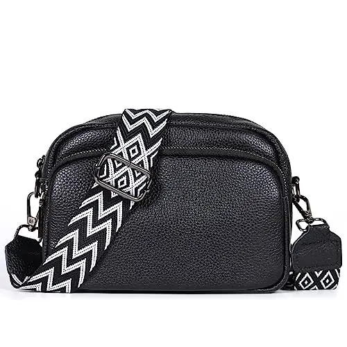 TANTOMI Damen Umhängetasche aus echtem Leder, moderne Crossbody Bag mit breitem Schultergurt für Alltag, Einkaufen und Reisen