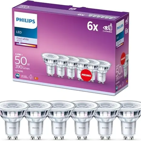 Philips LED GU10 Lampen 6er Pack, kaltweißes Licht, energiesparend und langlebig, nicht dimmbar