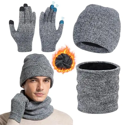 Figarge 3 in 1 Wintermütze Set für Herren und Damen - Fleece Mütze mit Schal und Handschuhen (Grau)
