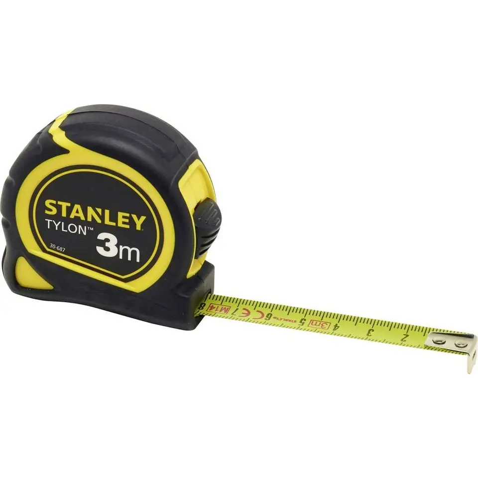 STANLEY Maßband 3 m mit Tylon-Polymer Schutzschicht, verschiebbarer Endhaken, Kunststoffgehäuse