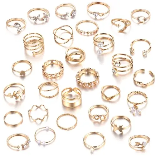 31-teiliges Ringe Set für Damen - Boho Gelenk- und Fingerringe in Gold - Ideal für Feiern und Abschlussbälle