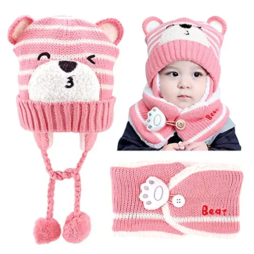 GLAITC Baby Mütze Winter mit Schal für 6-24 Monate, Schlupfmütze mit Fleecefutter, Unisex
