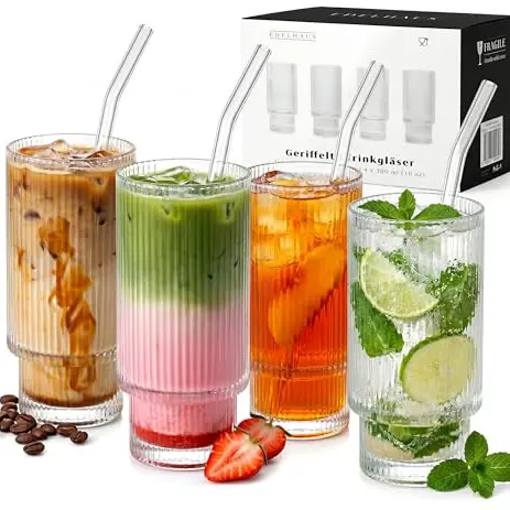 EDELHAUS 4er Gläser Set mit Strohhalm, 300ml, Geriffelt, Longdrink- und Cocktailgläser