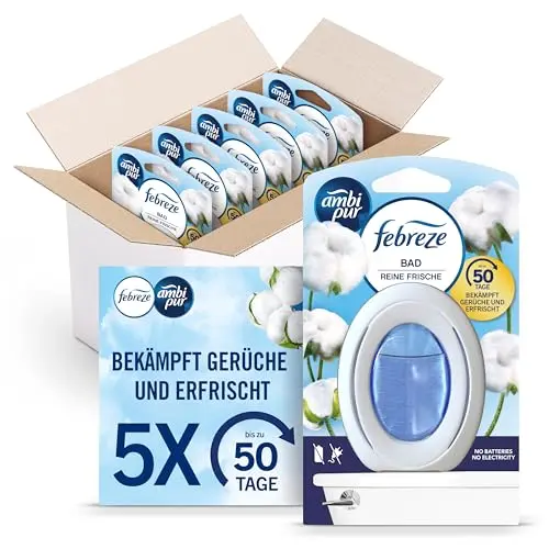Febreze Bad Lufterfrischer, Reine Frische, 5 Stück, Effektive Geruchsbekämpfung für das Badezimmer