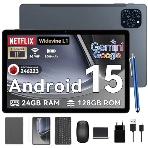 TABWEE Android 15 Tablet mit Tastatur - 11 Zoll, 24GB RAM, 128GB ROM, Octa Core, 8000mAh Akku, 5G WiFi, GPS