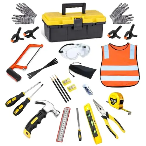 QeeHeng Kinder Werkzeugset, 30 Teile, Echte Handwerkzeuge für DIY und Spielen, Geschenk für kleine Baumeister