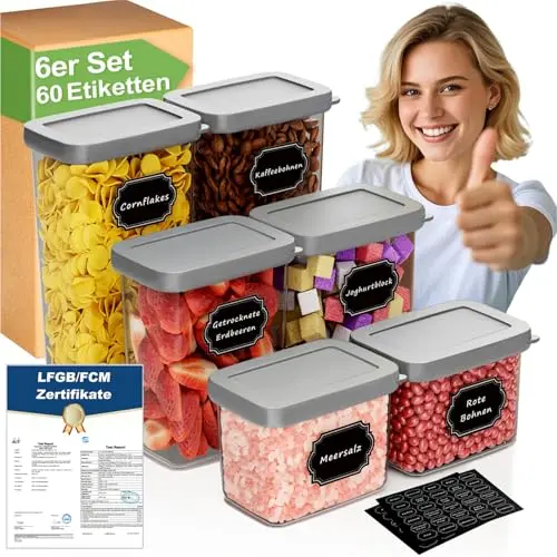Homhut 6er Set Vorratsdosen mit Deckel, luftdicht für Küche - Ideal für Mehl, Zucker & Müsli