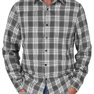 COOFANDY Herren kariertes Langarmhemd mit Taschen, casual, regular fit, Dunkelgrau-Weiß, Größe M