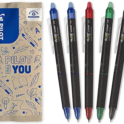 Pilot 5er-Set Frixion Point Clicker Tintenroller 0,5 mm, nachfüllbar, inklusive 2 Blau, 1 Schwarz, Rot, Grün – löscherbarer Tintenstift