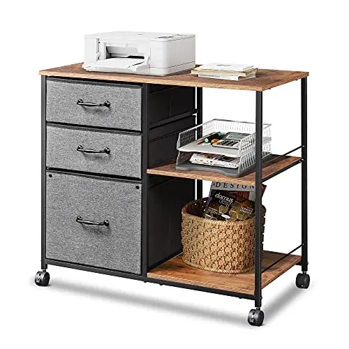 DEVAISE Rollcontainer mit 3 Schubladen und 2 offenen Fächern, Büroschrank für Home-Office, Vintagebraun-Schwarz
