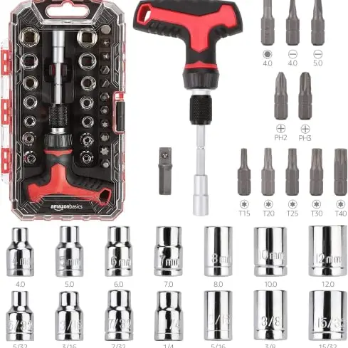 Amazon Basics Magnetisches Ratschen-Schlüssel-Set mit T-Griff und Schraubendreher-Set, 27 Teile