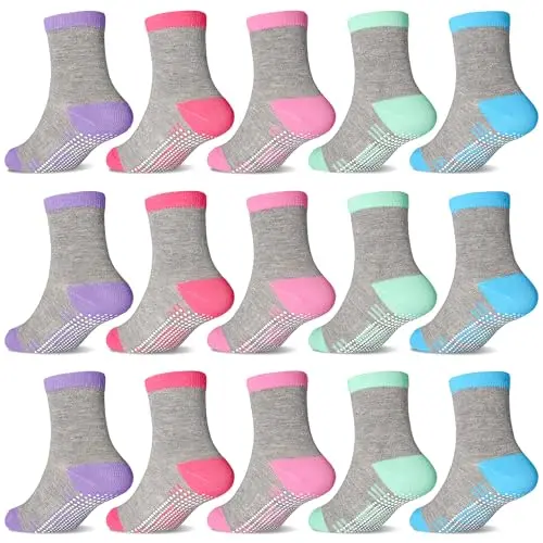 GRPSKCOS Stoppersocken für Mädchen - 15 Paar Rutschsocken (6-12 Monate, Grau)