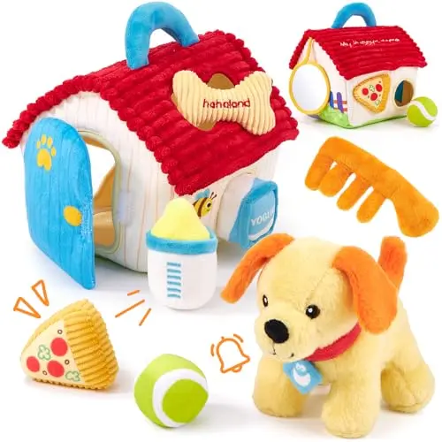 Hahaland Plüsch Hund Baby Spielzeug Set für 6-36 Monate mit Rassel, Spiegel & Formen, sensorisch, Rollenspiel, Geschenk