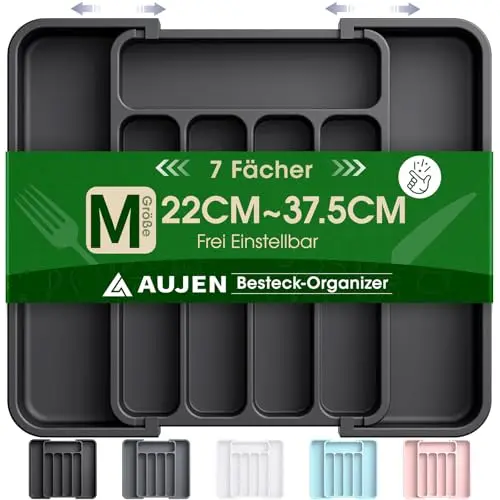 AUJEN Besteckkasten für Schubladen - Abnehmbarer und erweiterbarer Küchen Organizer, Schwarz