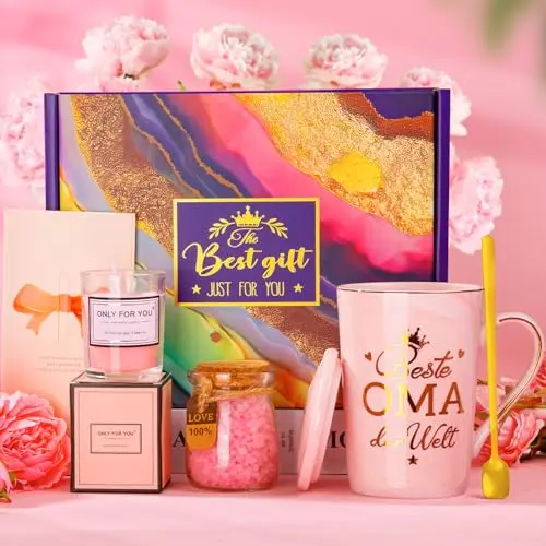 ALBISS Geschenk für Oma zum Geburtstag mit Keramiktasse, Duftkerze & Badesalz
