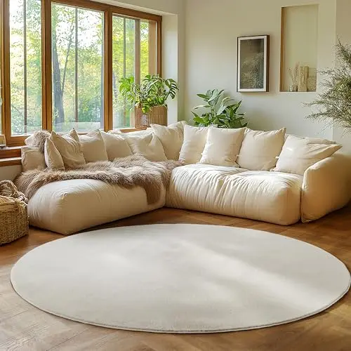 SIMPEX Runder Teppich Creme 160 cm, rutschfest & weich, modern & einfarbig für Wohnzimmer, Schlafzimmer, Küche & Kinderzimmer