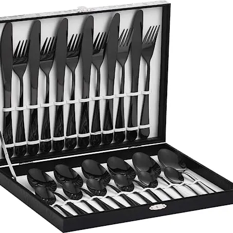 Velaze Besteckset Schwarz, 24-teilig für 6 Personen, Edelstahl 18/10, spülmaschinenfest, inkl. Geschenkbox
