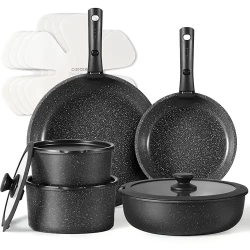 CAROTE 15-teiliges Topfset mit abnehmbaren Griffen, antihaftbeschichtet, induktionsgeeignet, schwarz