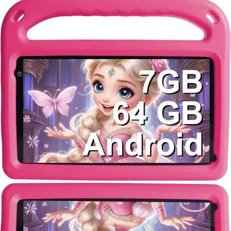 GOODTEL 7-Zoll Tablet mit 7 GB RAM und 64 GB ROM | WLAN, Bluetooth 5.0, GPS, Doppelkamera, Eva-Hülle – Rosa