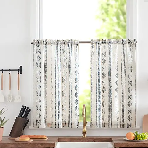 TOPICK Boho Küchen Gardinen 90 cm, Streifen Lichtfilterung, 2er Set Blau-Beige für Esszimmer und Badezimmer