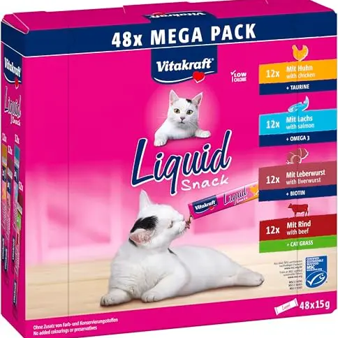Vitakraft Liquid Snack für Katzen, cremige Leckerlis im Mega Pack (48x15g) mit Rind, Huhn und Lachs