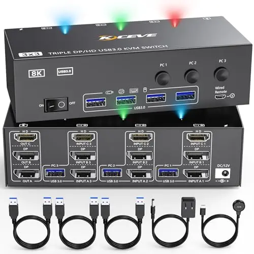 KVM Switch für 3 Monitore und 3 PCs, 4K@60Hz, HDMI/DisplayPort, USB 3.0