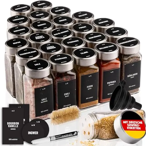 Deco haus® Gewürzgläser eckig 24er Set - Luftdicht mit Etiketten & Streueinsatz - Gewürzbehälter