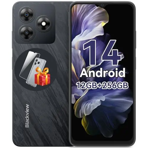 Blackview Smartphone 12GB+256GB, 6.56" 90Hz, Android 14, 5000mAh, Dual 4G, 13MP+8MP, Fingerabdruck