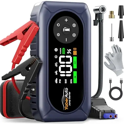Starthilfe Powerbank mit Kompressor 6000A für Pkw, 500 Lumen LED Licht und 3.3'' LCD Display, YaberAuto AP02