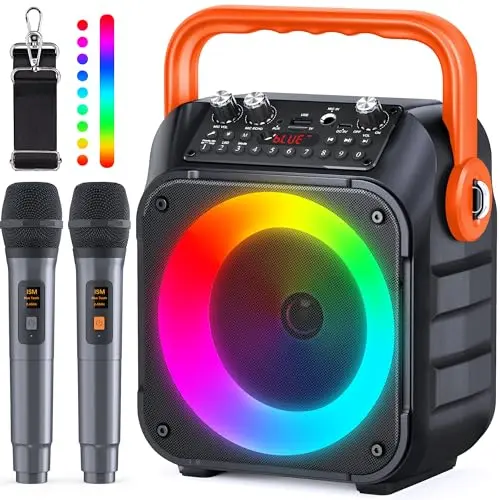Wowstar Karaoke Maschine mit 2 Kabellosen Mikrofonen - Tragbare Bluetooth Box für Erwachsene und Kinder mit Lichteffekten
