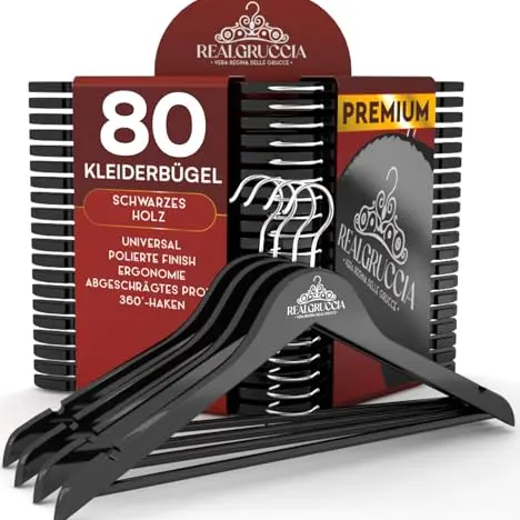 80 Holz-Kleiderbügel schwarz mit Anti-Rutsch, drehbaren Haken und Hosensteg - 22x45cm