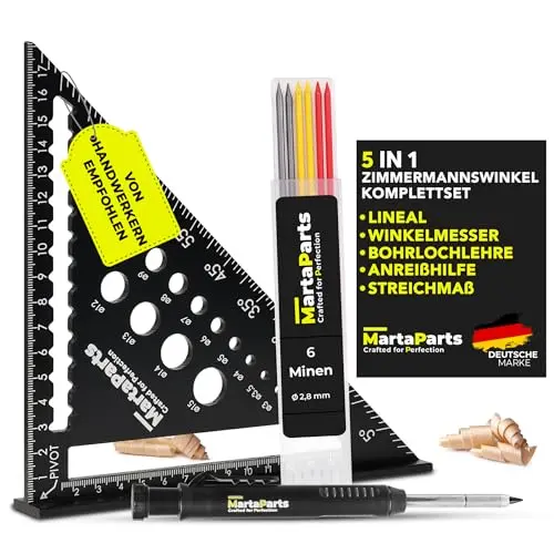 MartaParts® 180mm Zimmermannswinkel Set mit Tieflochmarker & Ersatzminen – Ideal für Handwerker und Heimwerker!