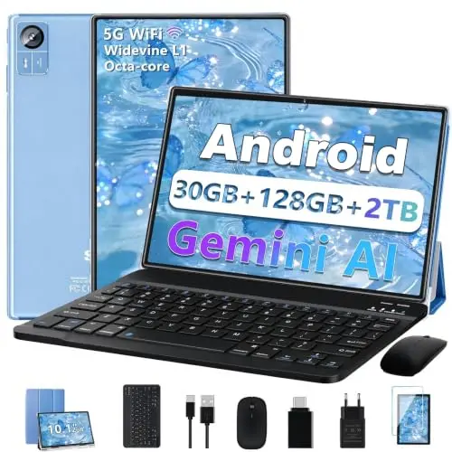 SUAAT Android-Tablet 10,1 Zoll mit Maus, Tastatur und Schutzhülle, Blau
