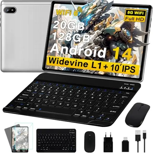 10 Zoll Android Tablet mit 5G WiFi 6, 20GB RAM, 128GB Speicher, FHD IPS, Bluetooth 5.0, Tastatur und Maus, Silber