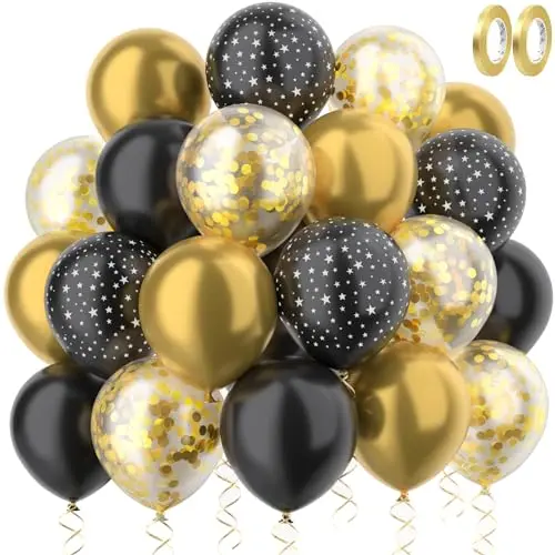 RISEMART Deko-Set Gold Schwarz Sterne mit Konfetti - 60 Stück 30cm Luftballons und 2 Rollen goldene Bänder für Hochzeit