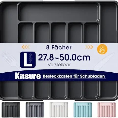 Kitsure Schubladen-Besteckkasten – Verstellbarer Küchen-Organizer, BPA-frei, Schwarz, 34.9 x 28.4 x 4 cm