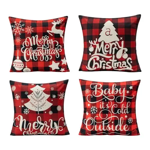 4er Set Weihnachtskissenbezüge 45x45 cm - Schneemann & Rentier für Sofa, Couch, Bett - Hübsche Winterdeko