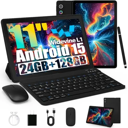 11 Zoll Android Tablet, 24GB RAM, 128GB ROM, Octa-Core, WiFi 6, 6800mAh Akku, Dual Kamera, inklusive Tastatur, Maus, Stift & Hülle
