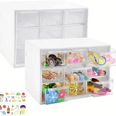 LANSKYLAN 2er-Pack Bastelbox mit 9 Mini-Schubladen, Organizer für Bürobedarf, 18x12x10cm, Weiß