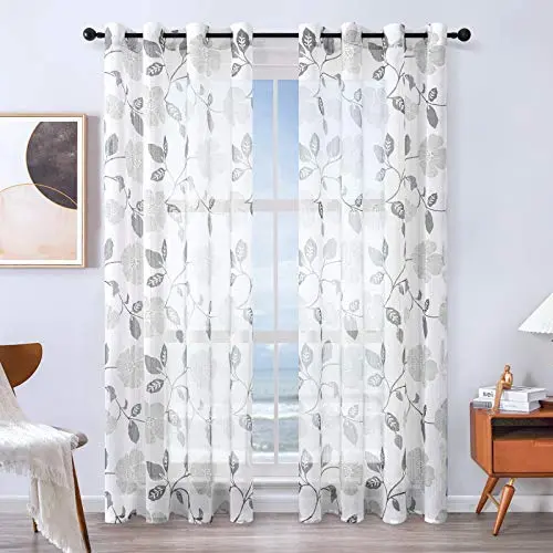 MRTREES Halbtransparente Voile Gardinen mit Blumenmuster, 2er Set, Grau, 225×140 cm für Wohnzimmer und Schlafzimmer