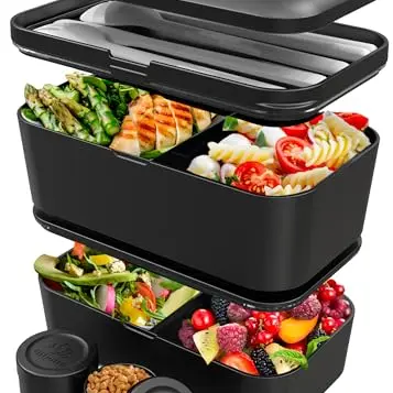 Umami Lunchbox für Erwachsene, Auslaufsichere Bento Box mit Fächern und Besteck, Schwarzer Onyx, 1500 ml