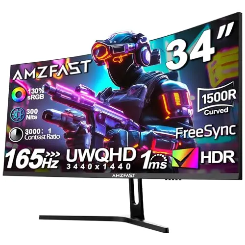 Amzfast 34 Zoll Curved Gaming Monitor - 165Hz, 21:9 UltraWide QHD, HDR, Eyes-Care