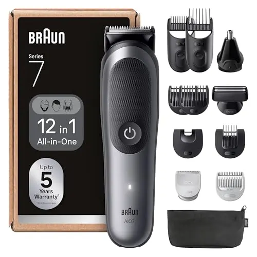 Braun All-in-One Series 7 Multigroom, 12-in-1, Bart- und Haarschneider, 120 Min Akku, Wasserdicht, Grau
