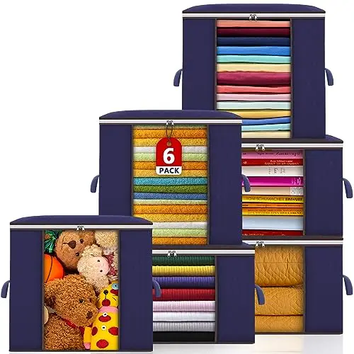 POWZOO 6er Set Aufbewahrungskisten mit Deckel - Faltbare Boxen für Kleidung und Decken (Blau)