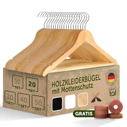 Blumtal Kleiderbügel Holz 20er Set - Robuste Holzbügel mit drehbarem Metallhaken und Mottenschutz