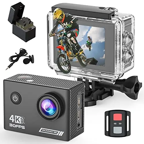 Yolansin 4K Aktionskamera mit 30fps, wasserdicht bis 40m, WiFi, 170° Weitwinkel, 20MP, inklusive Fernbedienung, Ersatzbatterien & Zubehör