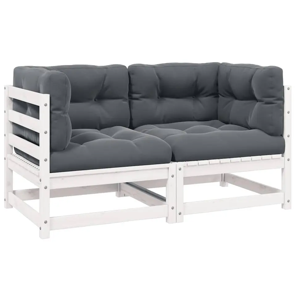 vidaXL Gartensofa 2-Sitzer mit Kissen, modulare Lounge für Garten, Terrasse, Balkon, Weiß Kiefer Massivholz