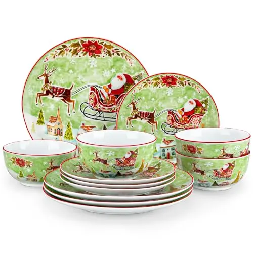 VEWEET XMAS 12-teiliges Weihnachtsgeschirr Set für 4 Personen - Porzellan Tafelservice